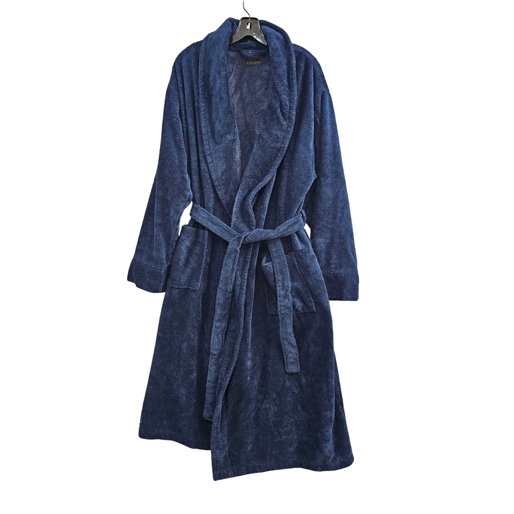Luxome Bamboo Viscose Plush Robe XL Navy Blue Luxury Soft Spa Loungewear Belted
